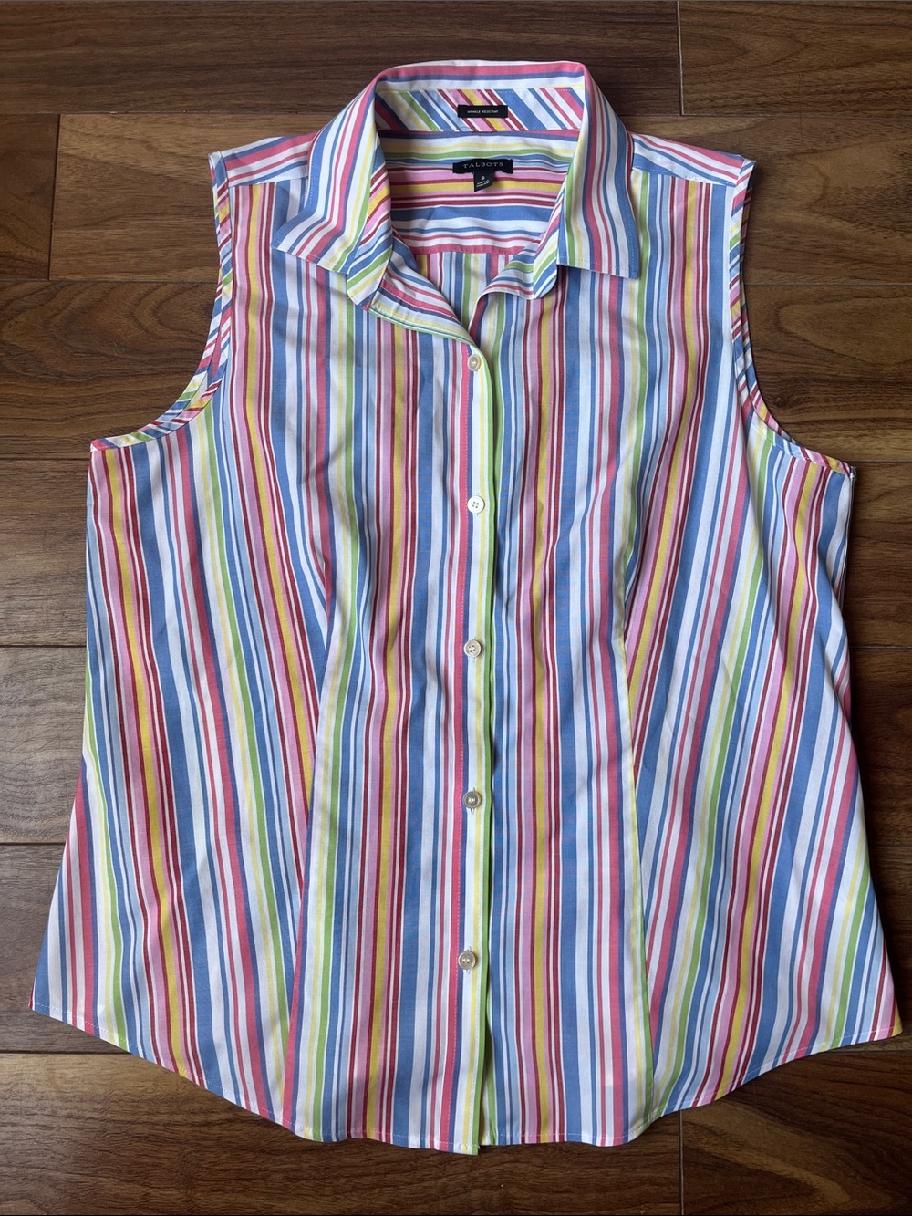 Talbots Sleeveless Button-Down Top in Blue, Pink, Green, Yellow Stripes Summer